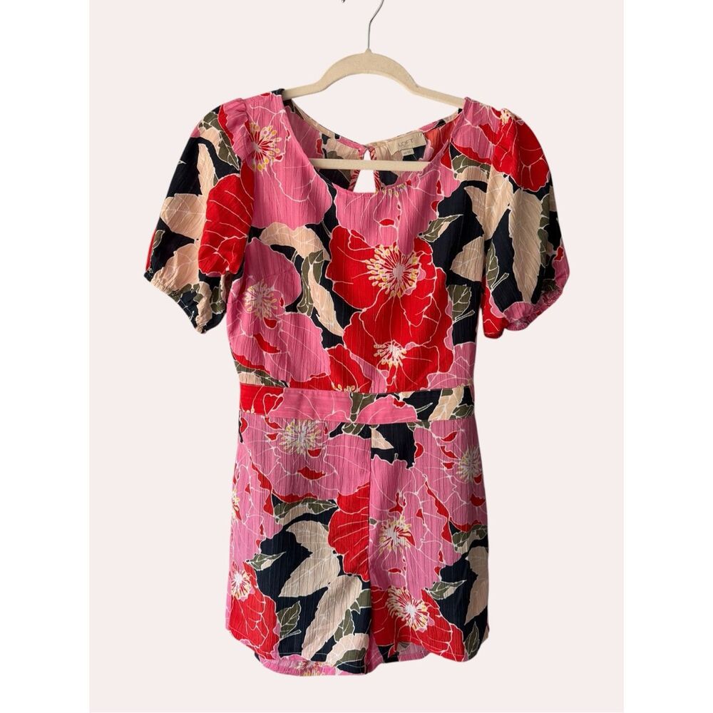 LOFT Outlet Floral Crinkle Cutout Romper Pink Red XS Summer Jumpsuit Short Sleev